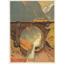 Coach Bus On Schweiz Alpen Alps Bridge Swiss Travel Poster Postcard