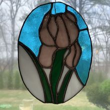 Stained Glass Oval Suncatcher Pink Iris Flower Handmade Floral Window Art 7" VTG