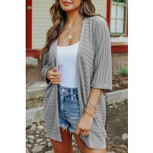 Grey Ribbed Open Front Knit Cardigan