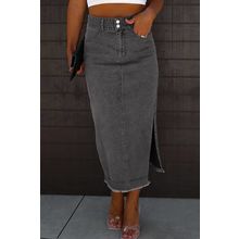 Black Raw Edge Side Slits Buttoned Midi Denim Skirt