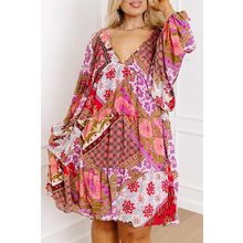 Rose Mixed Floral Long Sleeve V Neck Lace-up Hollowed Back Plus Size Dress