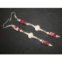 Exceptional red and silver colour long drop crystal glass earrings