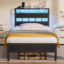 Furnulem Twin Bed Frames with Charging Station and LED Lights, Twin Size Platfor
