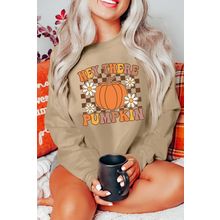 Khaki Floral Checkered Pumpkin Graphic Drop Shoulder Thanksgiving Sweatshirt