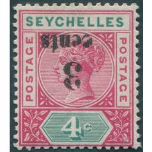 Seychelles 1893 3c on 4c carmine & green Surcharge inverted SG15a unused
