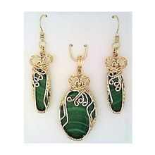 Malachite Gold Wire Wrap Gemstone Pendant Drop Earrings Set 2