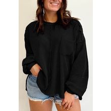 Black Plus Size Exposed Seam Crinkle Patchwork Top