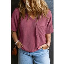 Rose Pink Textured V-Neck Dropped Shoulder Plus T-Shirt