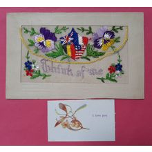WW1 SILK EMBROIDERED POSTCARD FLOWERS ALLIED FLAGS USA THINK OF ME INSERT POSTED
