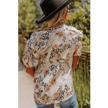 Gold Leopard Floral Print Split Neck Puff Sleeve Blouse