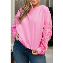 Pink Plus Size Sequin Sleeve Drop Shoulder Sweatshirt
