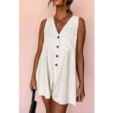 Beige Sleeveless V Neck Buttoned Front Chest Pocket Romper