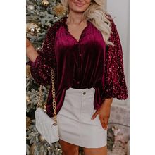 Red Dahlia Sequin Patchwork Sleeve Button Up Velvet Top