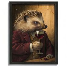 Hedgehog in Dapper Suit Sipping Red Wine Vintage Anthropomorphic Animal Wall Art