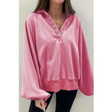 Pink Solid Snap Buttons Collared Balloon Sleeve Oversized Sweatshirt