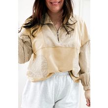 Khaki Stripe Mix Half Zip French Terry Plus Size Sweatshirt