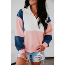 Pink Colorblock Patchwork Half Button Baggy Sweatshirt