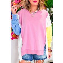 Bonbon Color Block Exposed Seam Side Slits Crewneck Sweatshirt