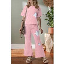 Light Pink Acid Wash Star Patched Rolled Trim Pants Set