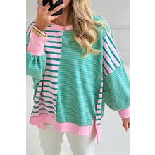 Green Stripe Mix Pattern Color Block Patchwork Side Slit Baggy Sweatshirt