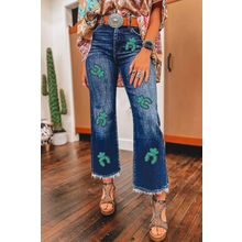 Sail Blue Turquoise Pattern Raw Edge Cropped High Waist Jeans