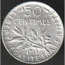 1913 France 50 Centimes Silver Coin