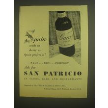 1958 San Patricio Sherry Ad - Spain sends us sherry as Spain prefers it