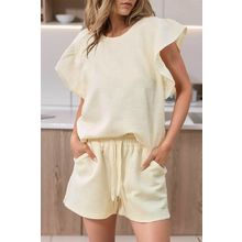 Apricot Textured Ruffled Sleeve Tee and Drawstring Shorts Set
