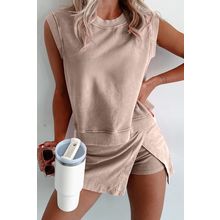 Smoke Gray 2 Pieces Mineral Wash Cotton Tank Top Lined Split Skirt Set