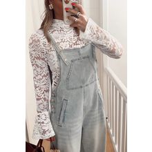 White Lace Crochet Bell Sleeve Mock Neck Blouse