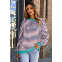Racing Red Striped Contrast Ribbed Trim Crossed Stitch Drop Shoulder Sweatshirt