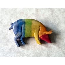 Vintage Celluloid Rainbow Pig Brooch, Antique Collectible Jewellery