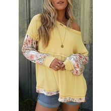 Yellow Floral Patchwork Waffle Knit Babydoll Blouse