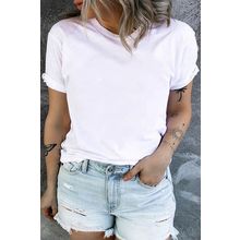 White Round Neck Rolled Sleeve Plus Size T-shirt