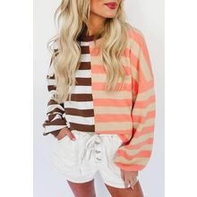 Brown Stripe Color Block Drop Shoulder Pullover Sweatshirt