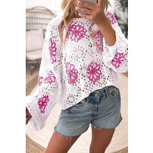 White Contrast Flower Print Eyelet Drop Shoulder Sweater