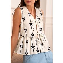 White Bow Printed Tie Closure Ruffled Vest