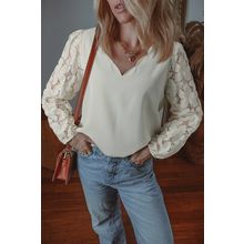 White Scalloped V Neckline Lace Hollowed Lantern Sleeve Blouse