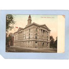 New York Elmira City Hall Street Scene Intersection w/Trolley Tracks Horse~1086