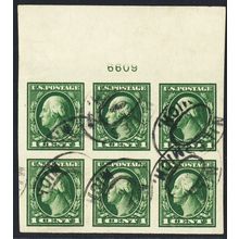 408, Used 1¢ Superb Top Plate Block of Six Stamps * Stuart Katz