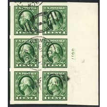 408, Used 1¢ XF Right Side Plate Block of Six Stamps * Stuart Katz
