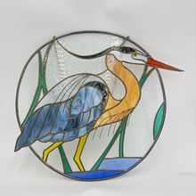 Vintage Blue Heron Round Sun Catcher Round Multicolor Window Hanging 16.5”x20”