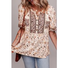 Khaki Boho Floral Print Half Placket Short Sleeve Loose Blouse