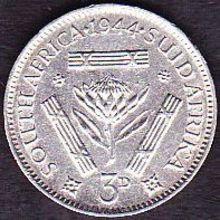 1944 South Africa 3 Pence Silver Coin