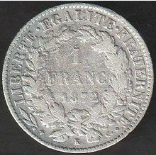 1872 K France 1 Franc Silver Coin small K