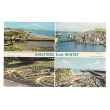 WHITBY, Yorkshire .multi-view .. vintage used postcard by Dennis 1973 postmark =