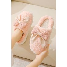 Pink Contrast Bowknot Applique Plush Winter Slippers