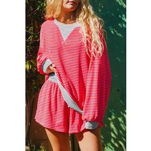 Red Stripe Drop Shoulder Baggy Pullover and Shorts Casual Set
