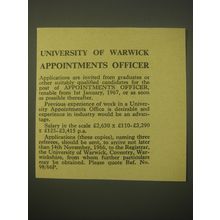 1966 University of Warwick Ad - University of Warwick Appointments Officer