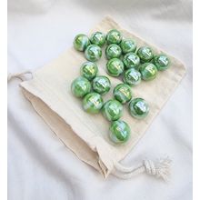 FUNGUS, 25 Glass Marbles, Iridescent Green & White Swirl, 16mm with Cotton Pouch